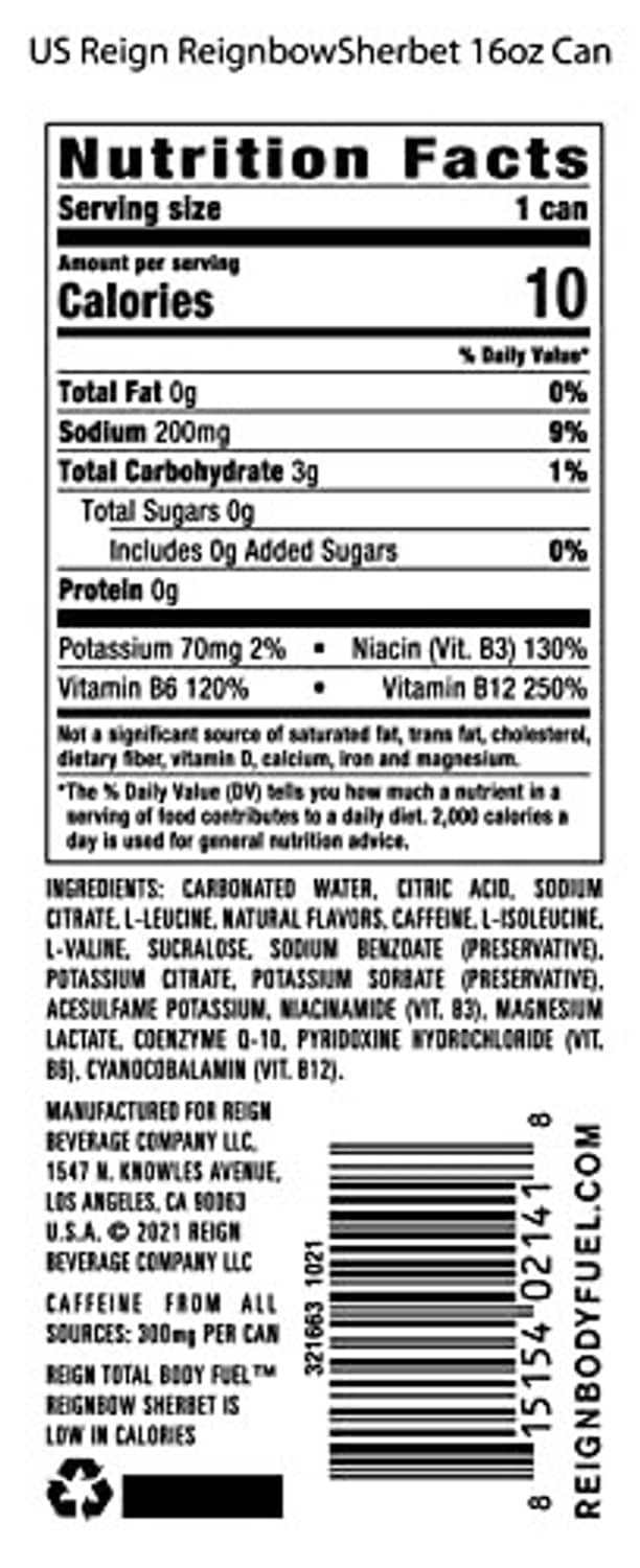 Reignbow Sherbet fitness drink nutrition facts panel on can
