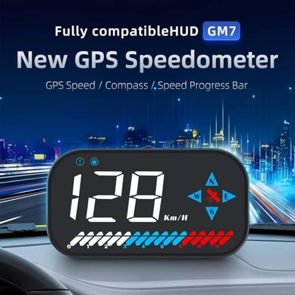 Black HUD digital speedometer on dashboard showing 128 km/h with colored progress bar