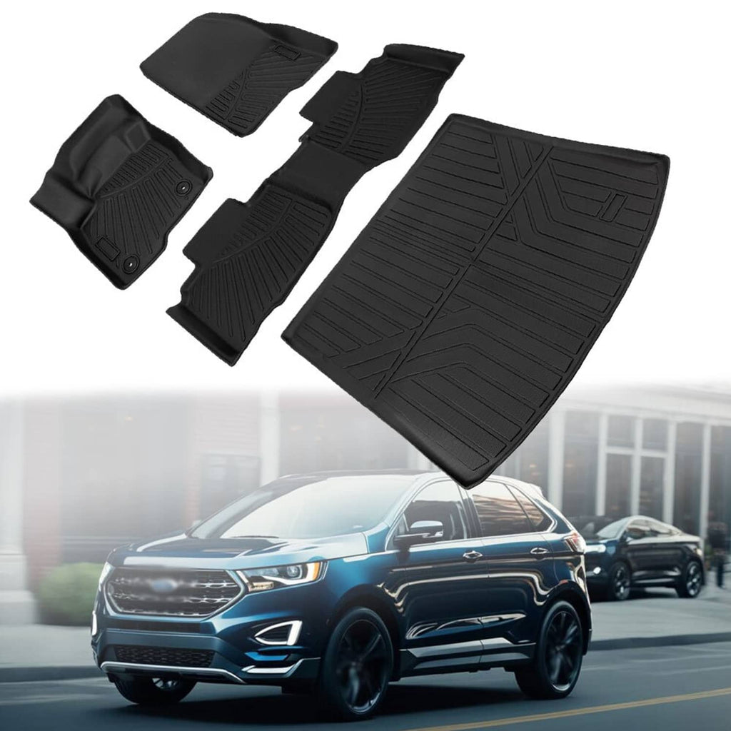 Black rubber floor mats and cargo liner set with ridged tread pattern