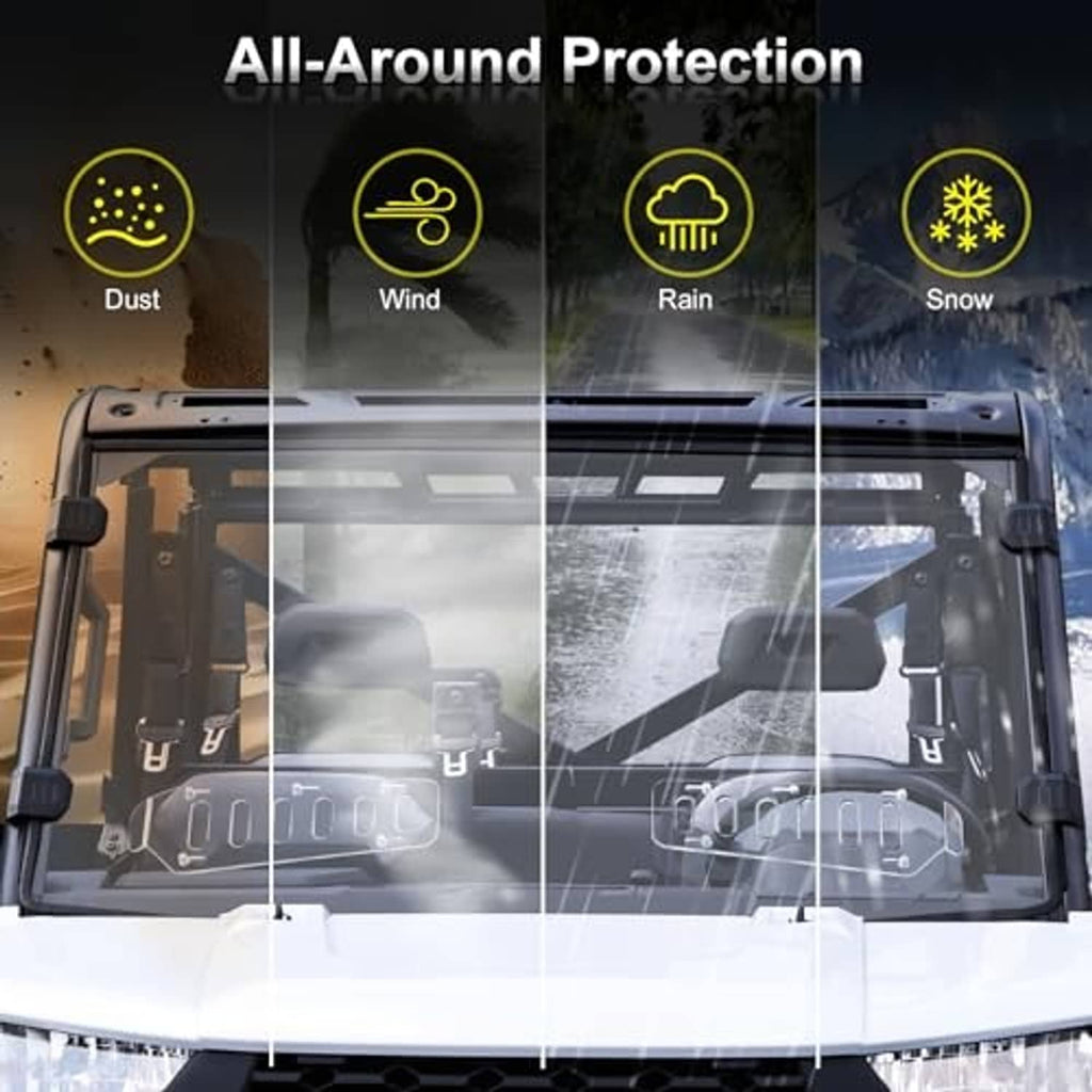 Vented clear windshield providing all-around protection against dust, wind, rain, and snow.
