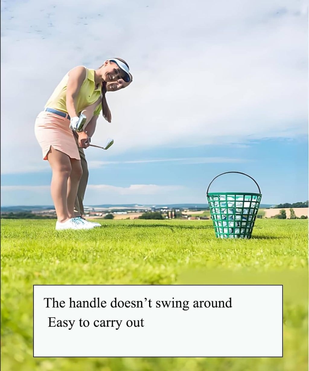 Green golf ball basket with curved carry handle standing on the golf course