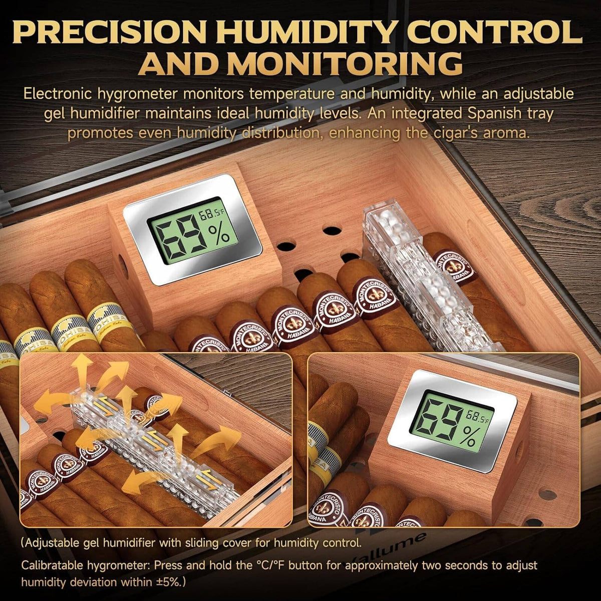 Cigar humidor with digital hygrometer, display screen, clear lid, cedar tray, humidifier gel