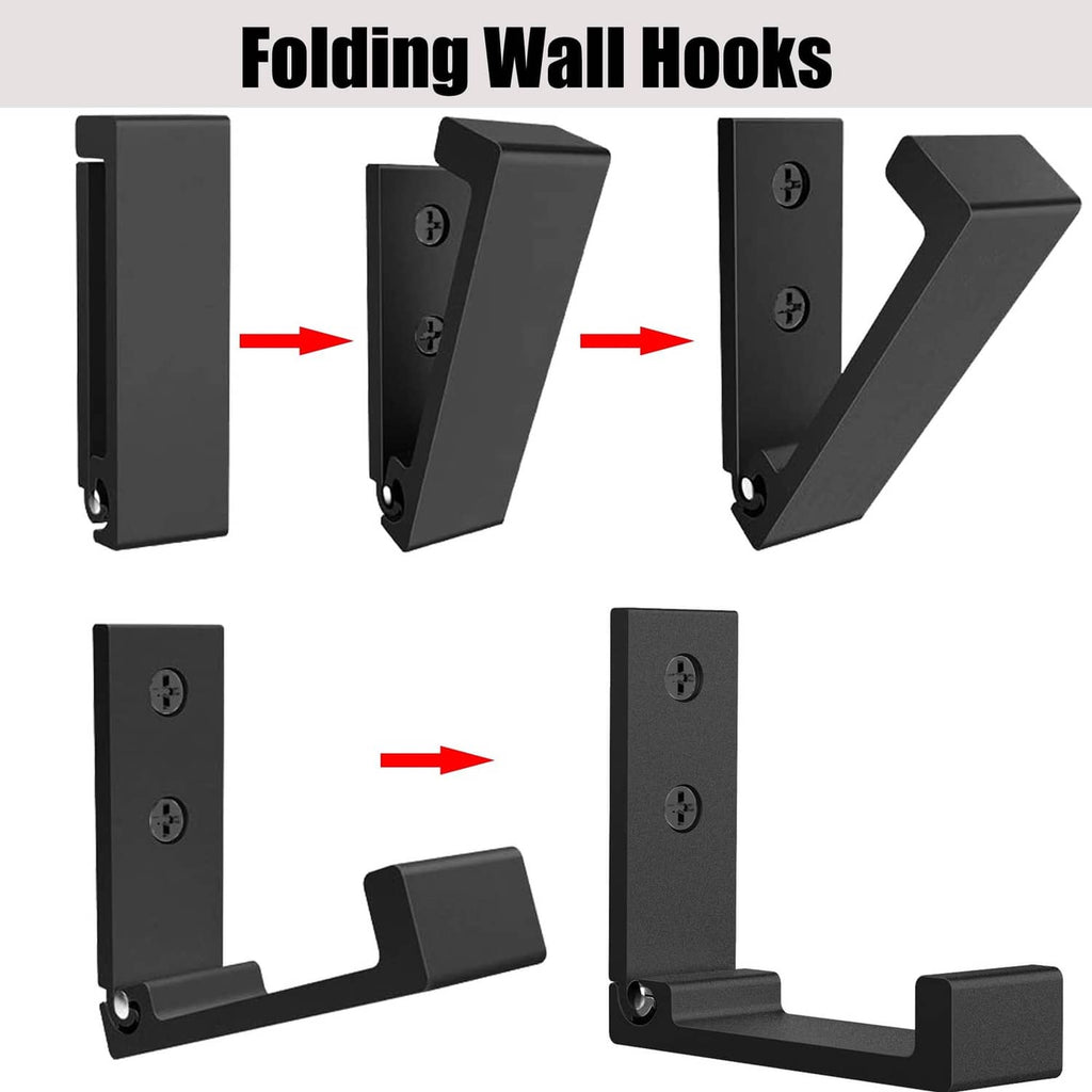 Folding wall hook mechanism diagram showing pivoting arms in step positions