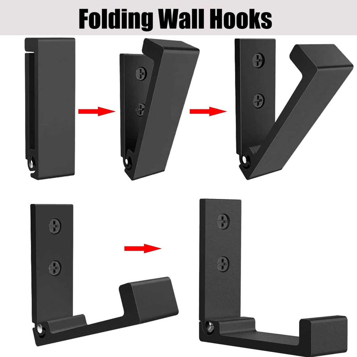 Folding wall hook mechanism diagram showing pivoting arms in step positions