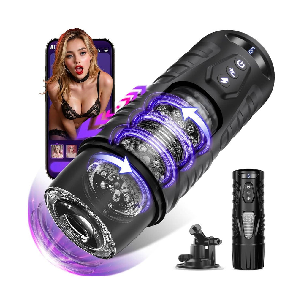 Black automatic male masturbator with rotating core and side remote, cylindrical body