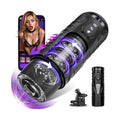 Black automatic male masturbator with rotating core and side remote, cylindrical body