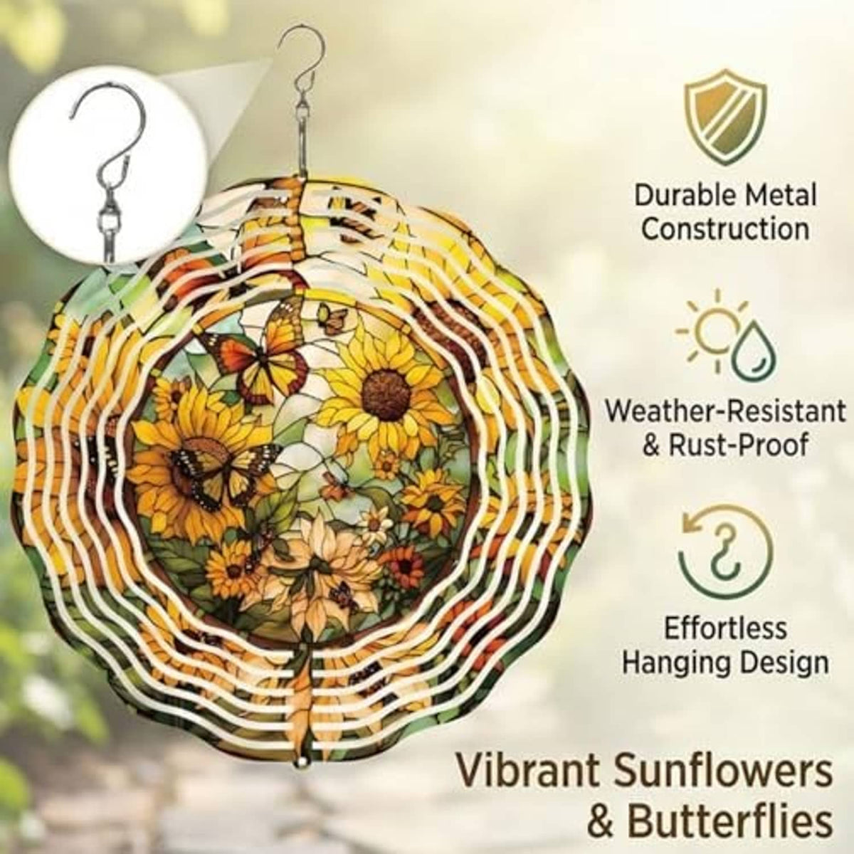 Circular metal wind spinner with sunflower and butterfly collage and hanging hook