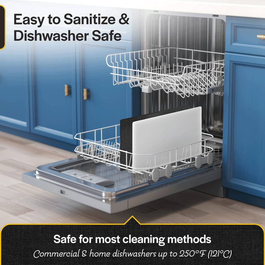 White plastic cutting board in dishwasher rack, dishwasher safe
