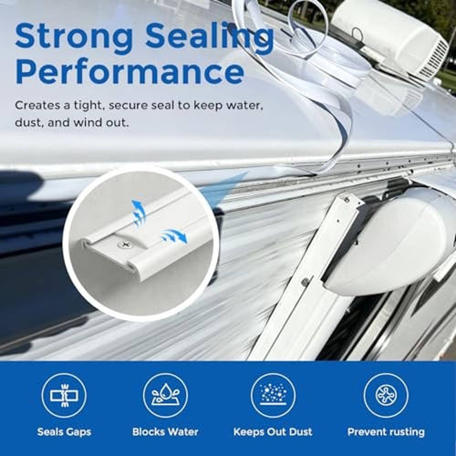 White vinyl trim molding insert seated along RV roof trim edge