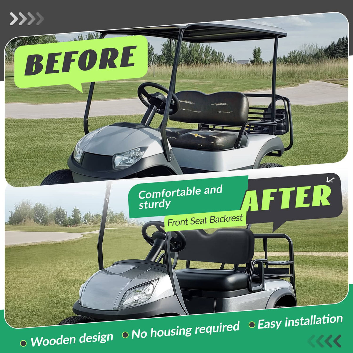 Black front seat backrest cushion on a golf cart seat with roof