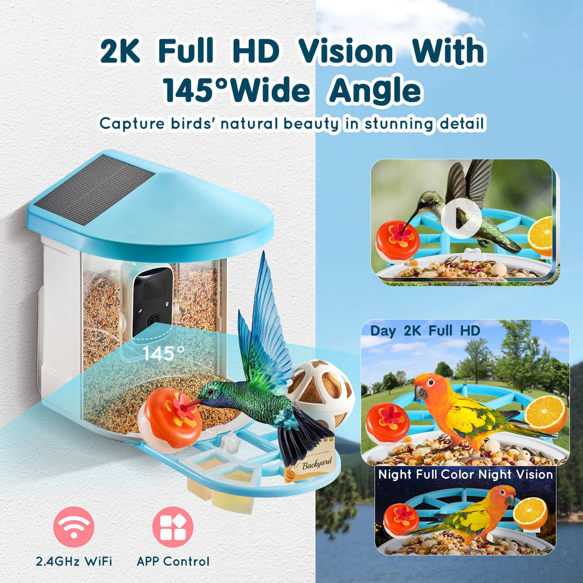 Smart bird feeder with blue solar lid and clear seed chamber housing the camera module