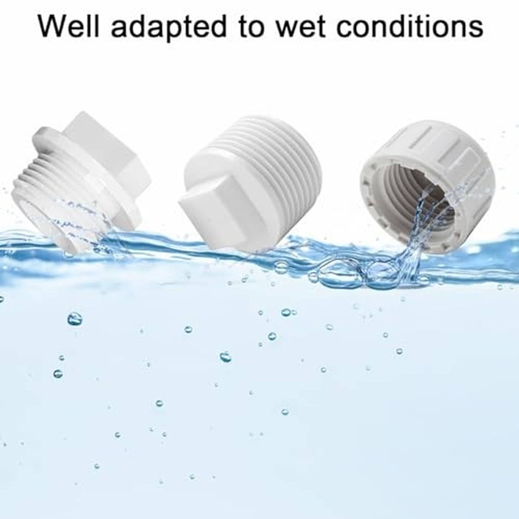 White PVC NPT end caps with threaded plug for sealing wet-area pipe ends