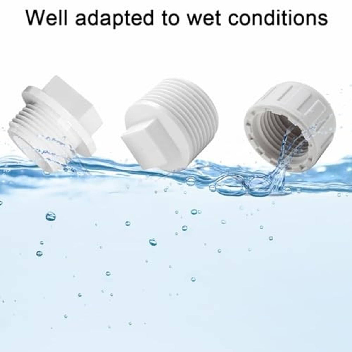 White PVC NPT end caps with threaded plug for sealing wet-area pipe ends