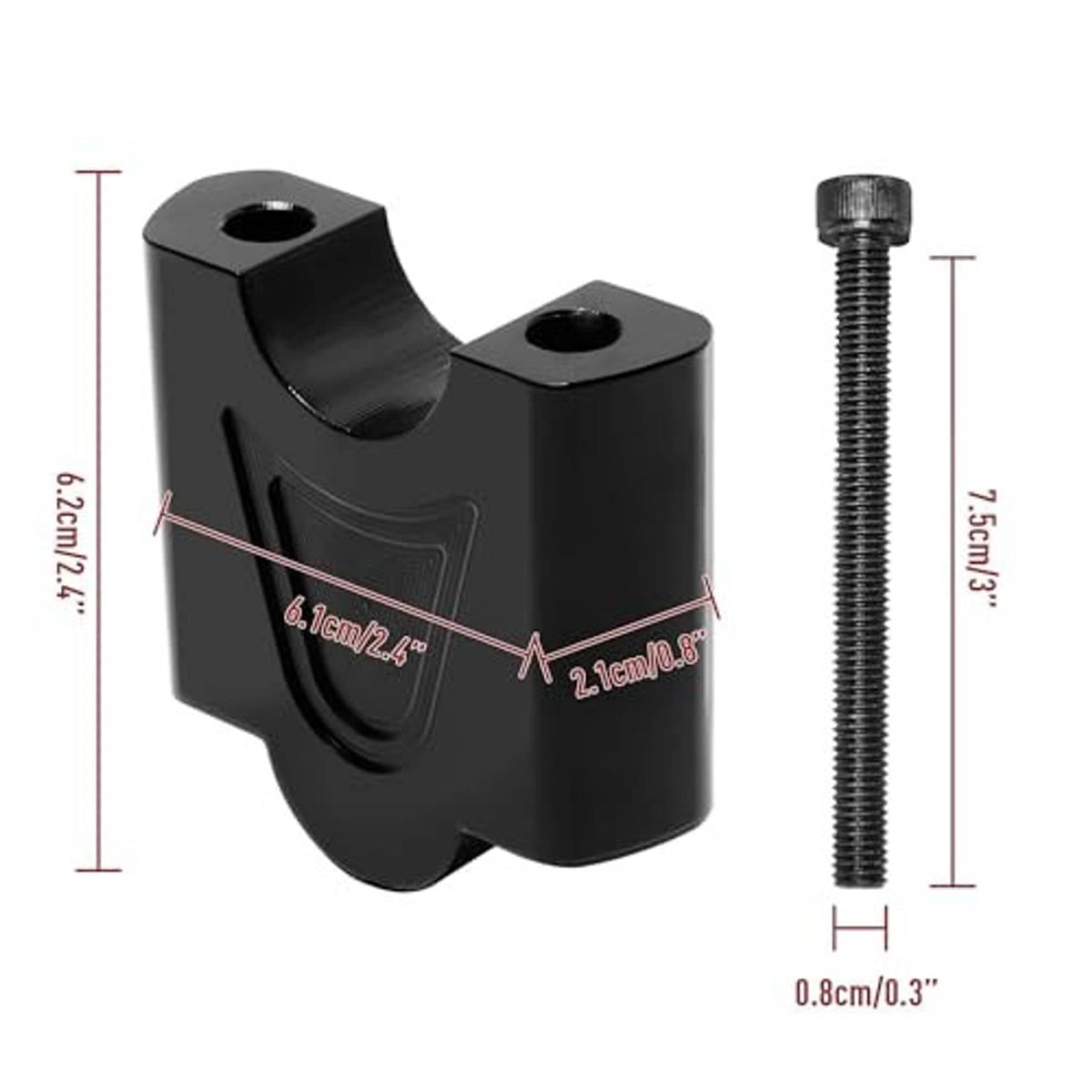 Black handlebar riser clamp block with threaded mounting bolt, size-marked view