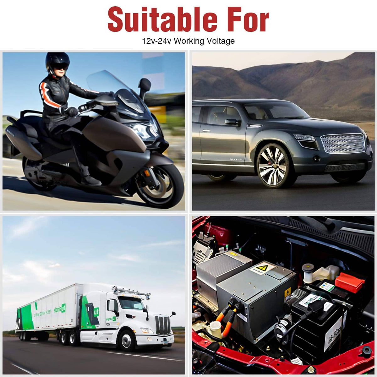 SAE-to-SAE extension cable shown for 12–24V vehicles including motorcycles and cars