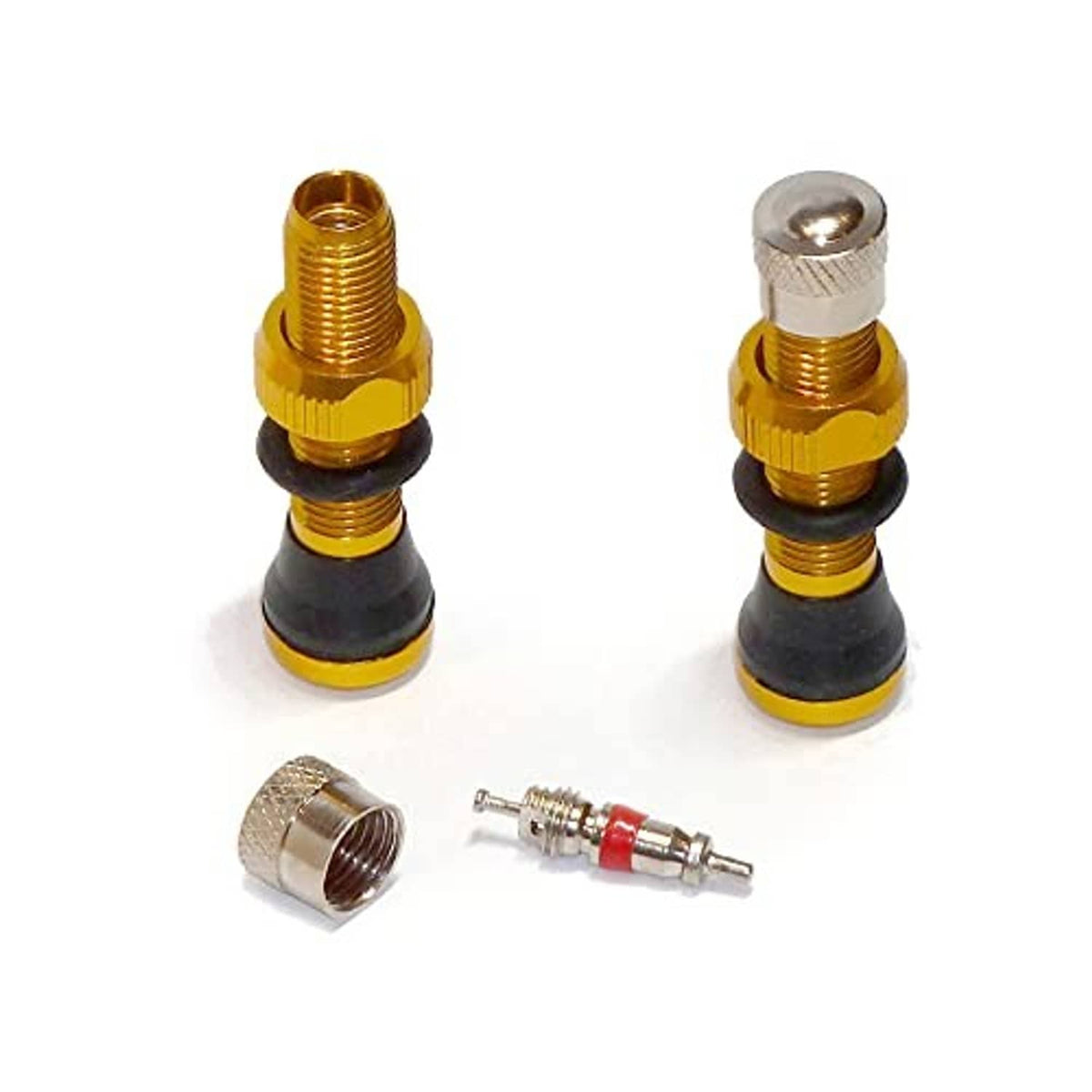Gold tubeless Schrader valve stems with black grommets, two caps and core tool