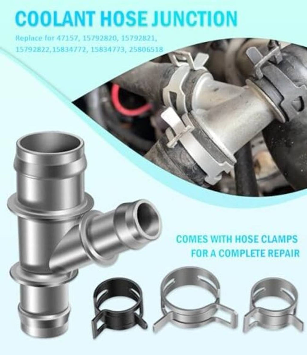 Aluminum coolant hose junction with two hose fittings and included hose clamps, installed