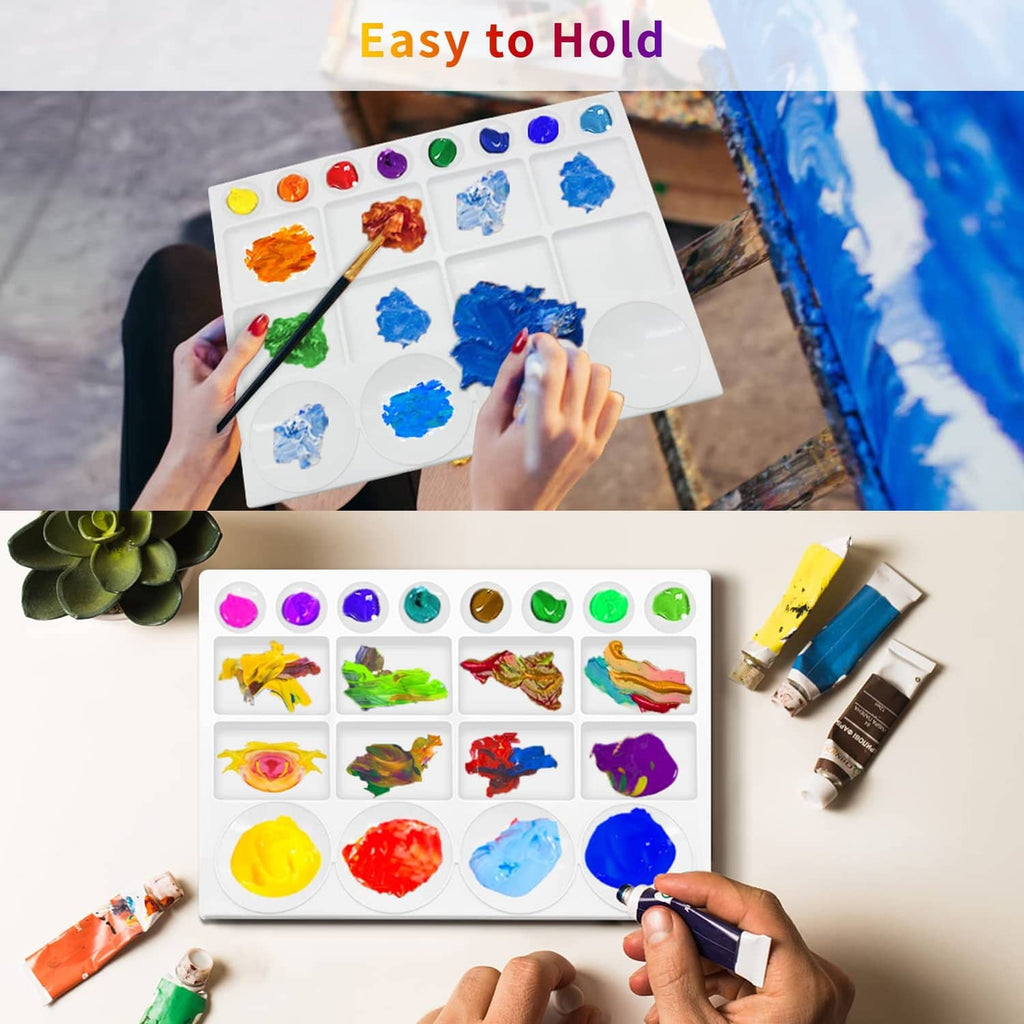 White watercolor palette with 20 wells and mixing areas, with colorful paint swatches