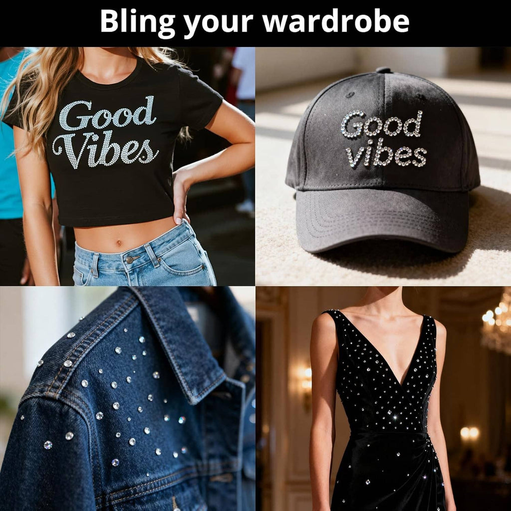 Rhinestone-decorated clothing: Good Vibes tee, jeweled cap, studded denim, jeweled black dress
