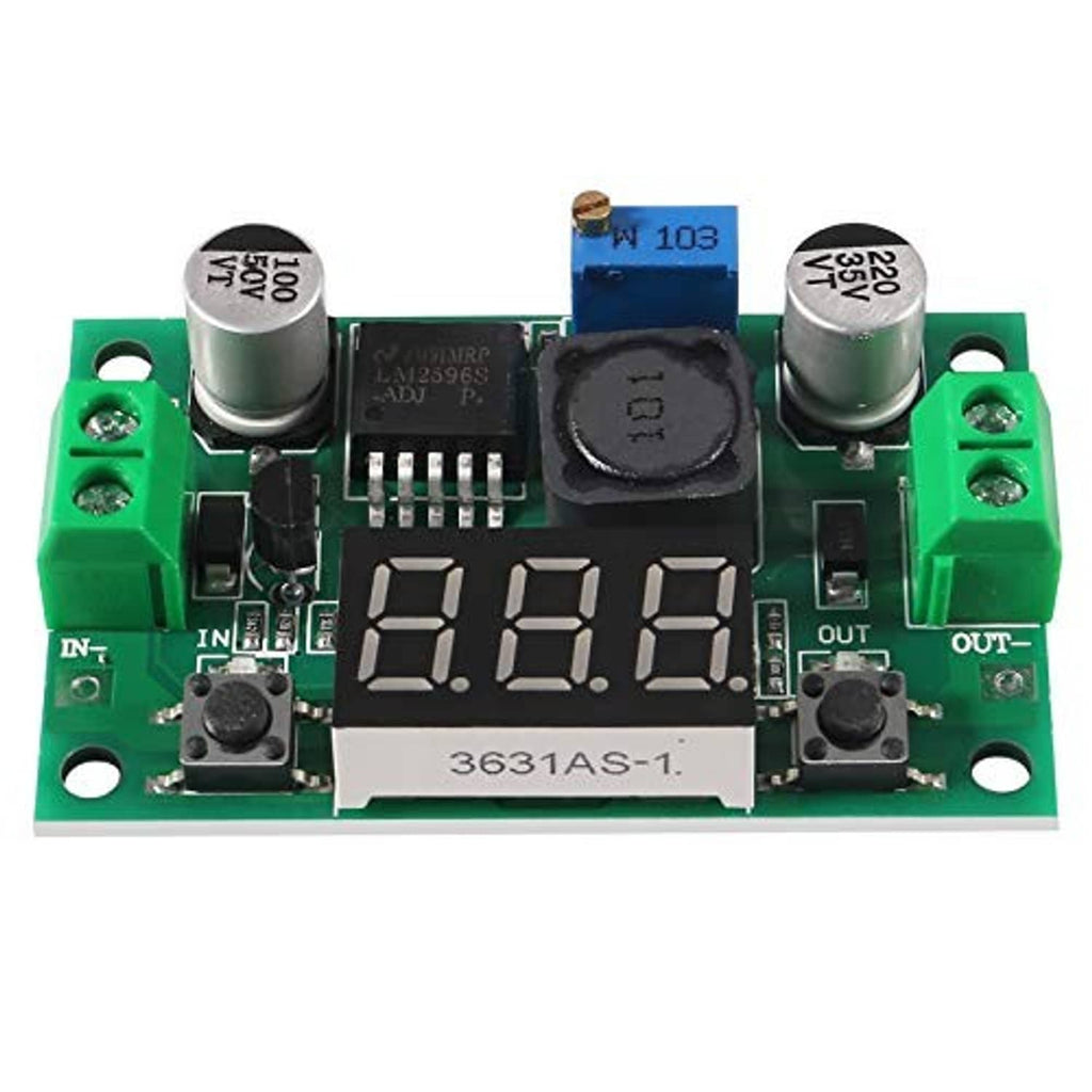 LM2596 step-down regulator module front view with 7-segment volt display and terminals