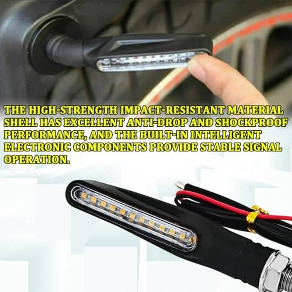 Motorcycle LED turn signal with yellow LED bar, black housing, visible wiring and threaded base