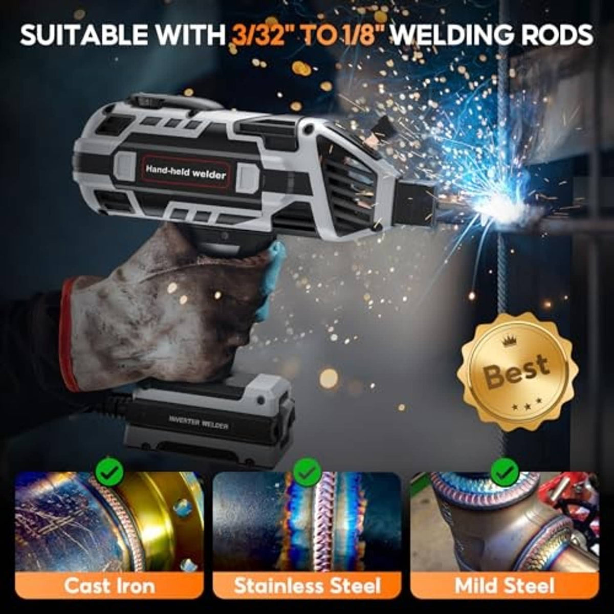 Handheld inverter welder emitting sparks, grey and white welding gun on base