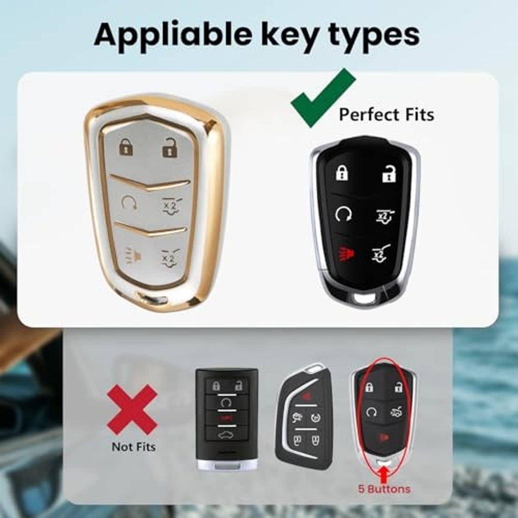 Key fob cover set with gold and black shells showing button layout and fit