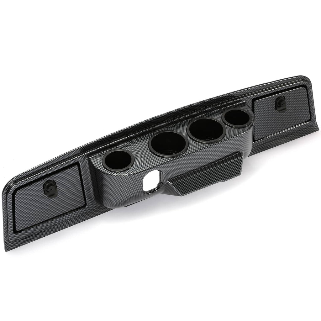 Carbon fiber dash cover panel angled view with four cup holder openings and side screws