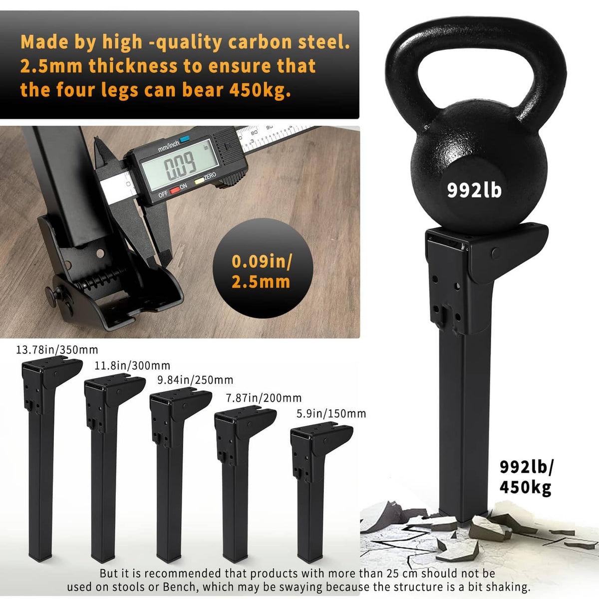 Black folding table leg with locking mechanism and mounting plate, shown in diagram
