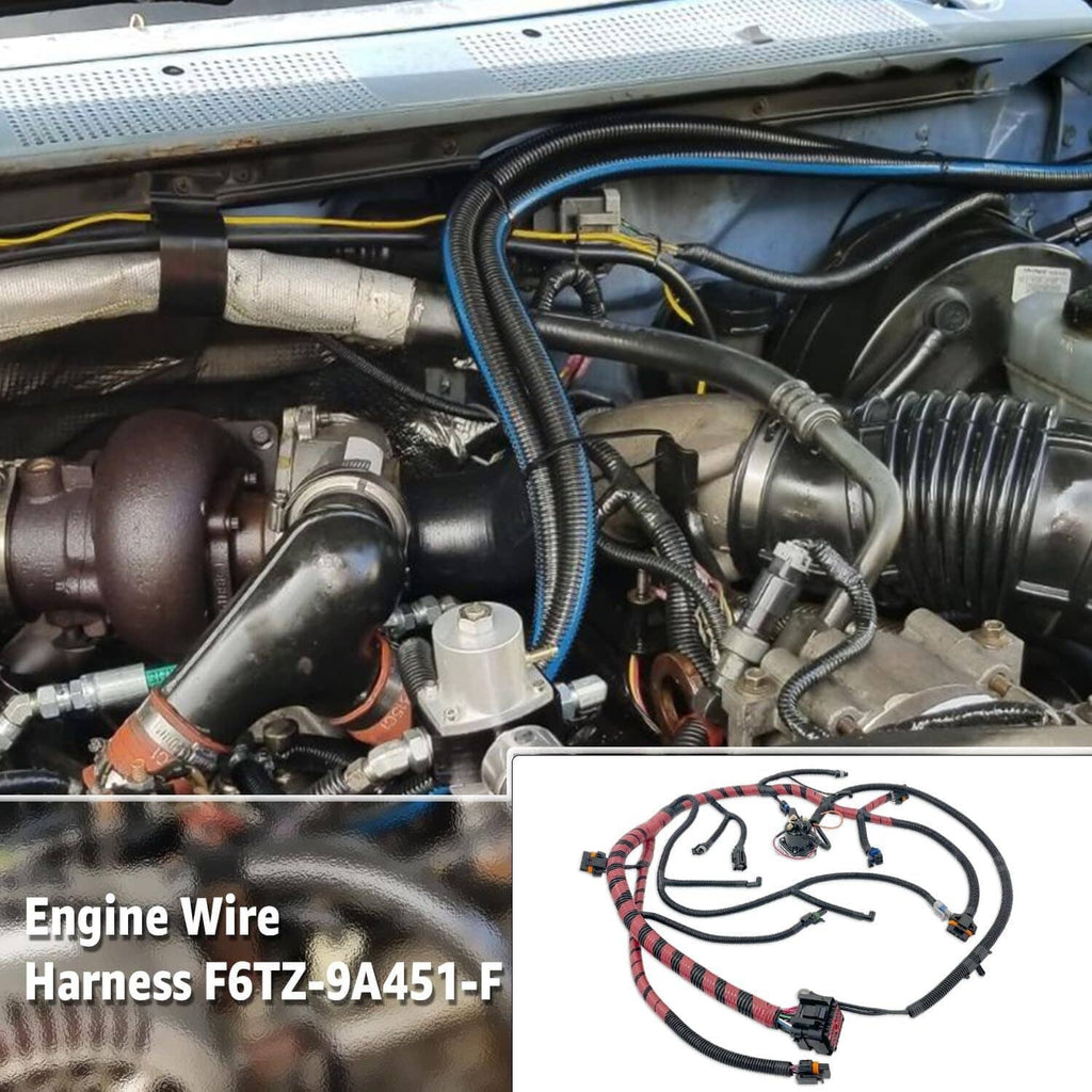 Under-hood engine wiring harness with braided red-and-black looms and sensor connectors