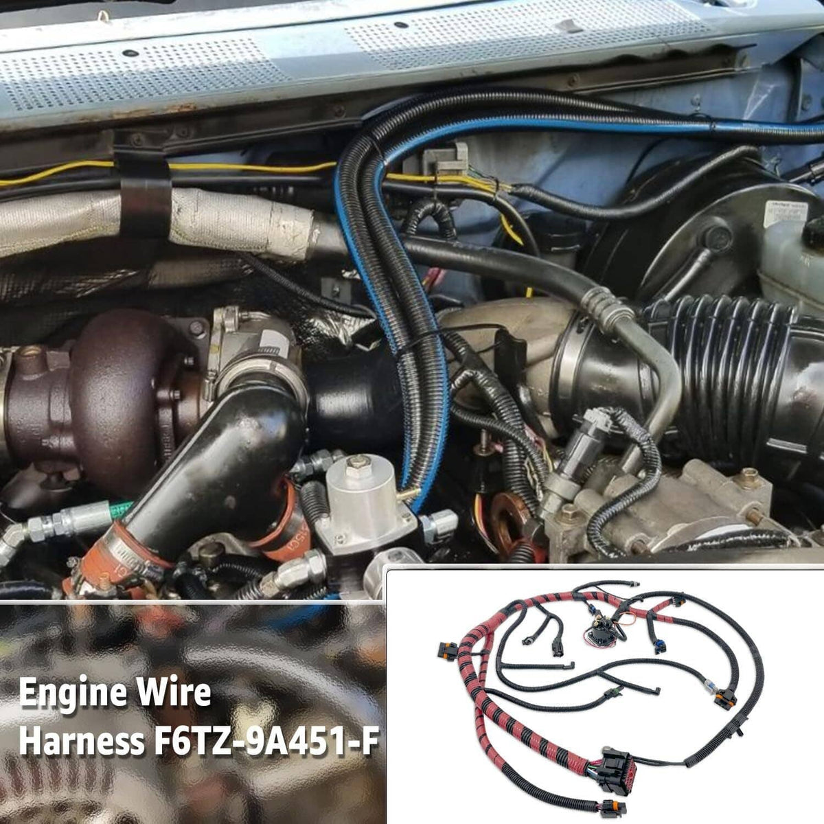Under-hood engine wiring harness with braided red-and-black looms and sensor connectors