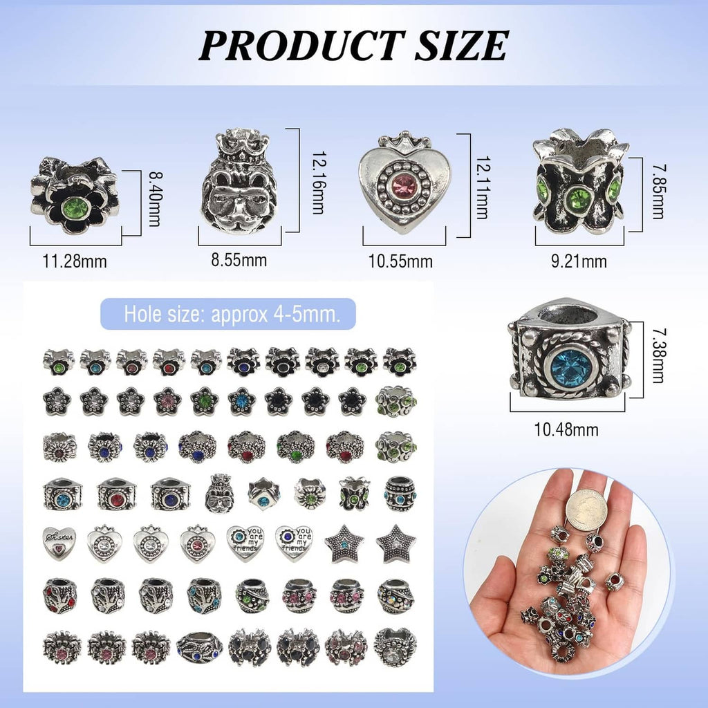 Assorted antique silver rhinestone charm beads; multiple sizes with large hole design