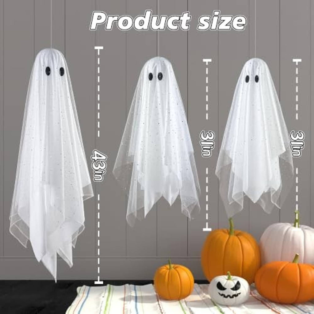 White hanging ghost decoration showing size measurements, sheer veil with black eyes