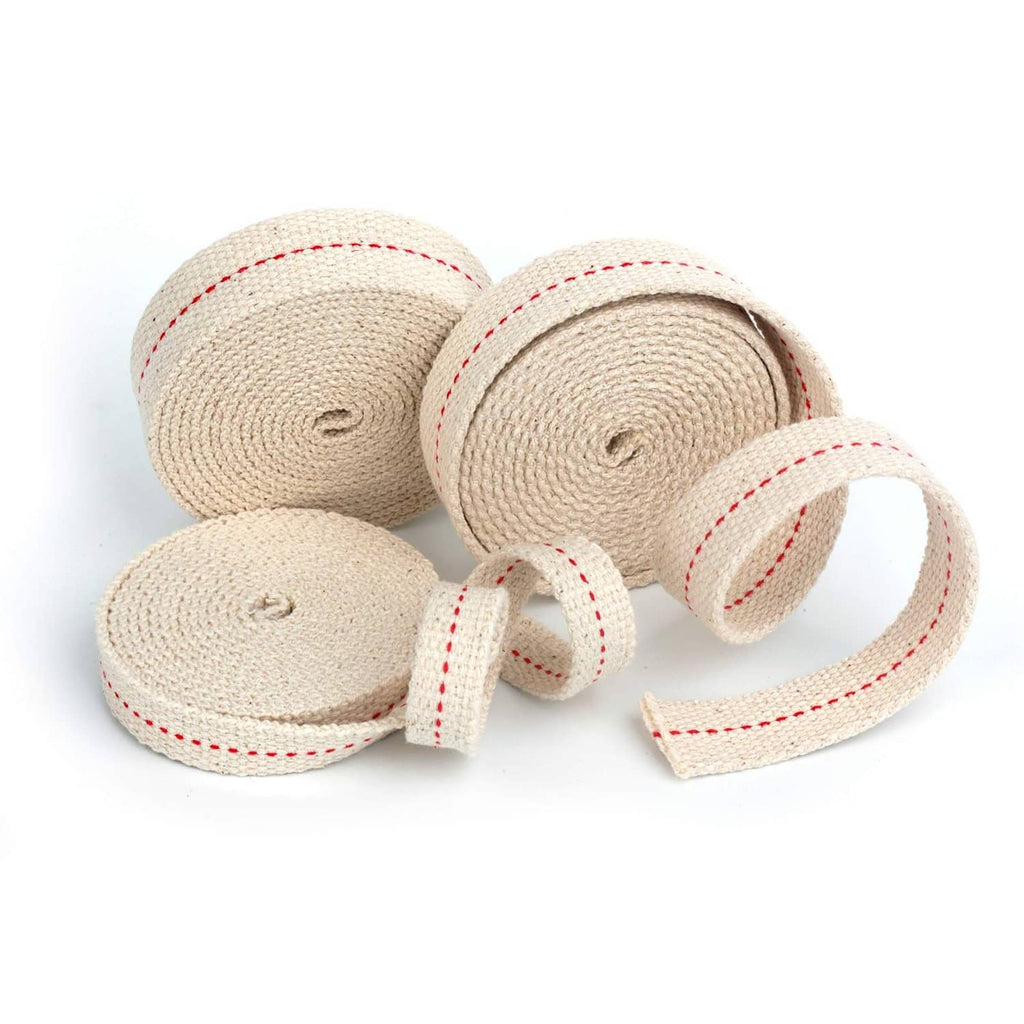 Assorted oil lamp wick rolls with beige fabric and red stitch trim, bundled set
