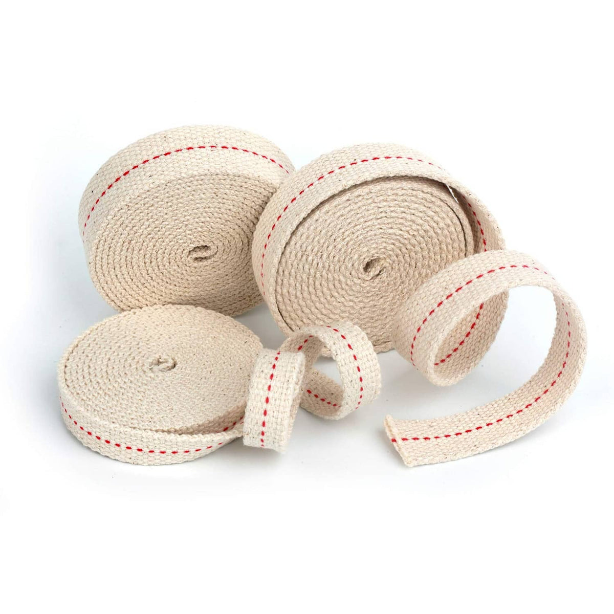 Assorted oil lamp wick rolls with beige fabric and red stitch trim, bundled set