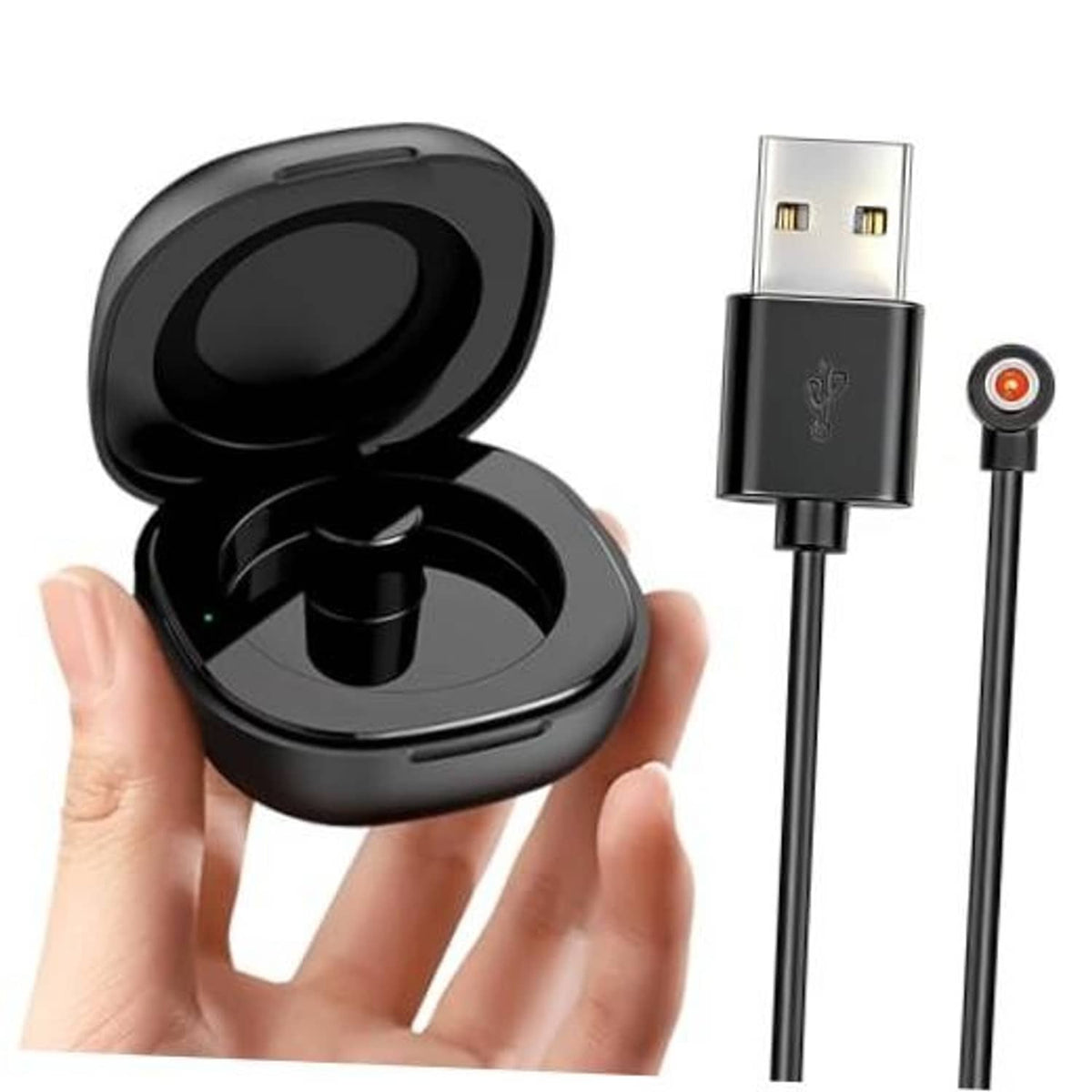 Black smart ring charging case with open lid and central magnetic charging port