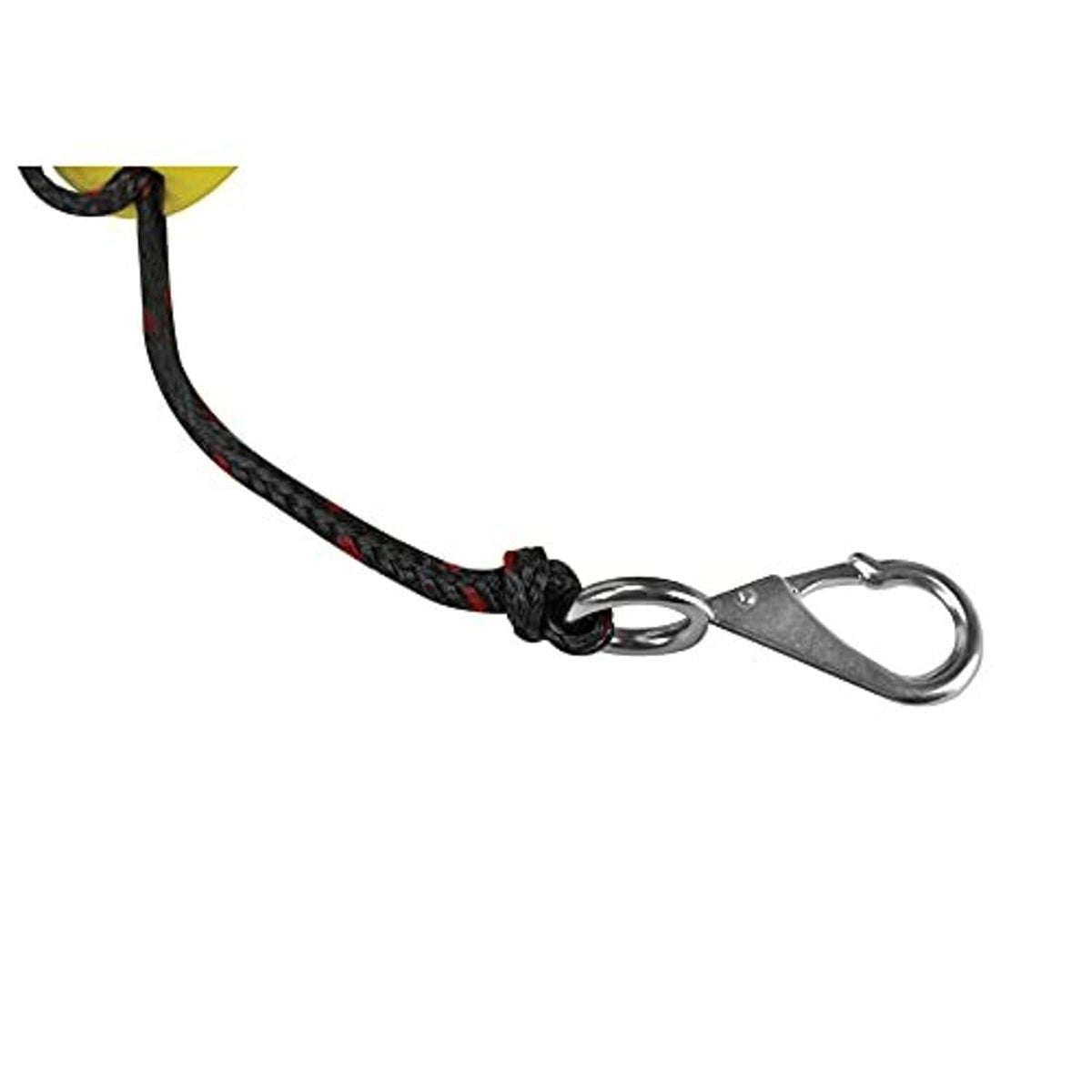 Braided rope loop with metal snap hook and black knot