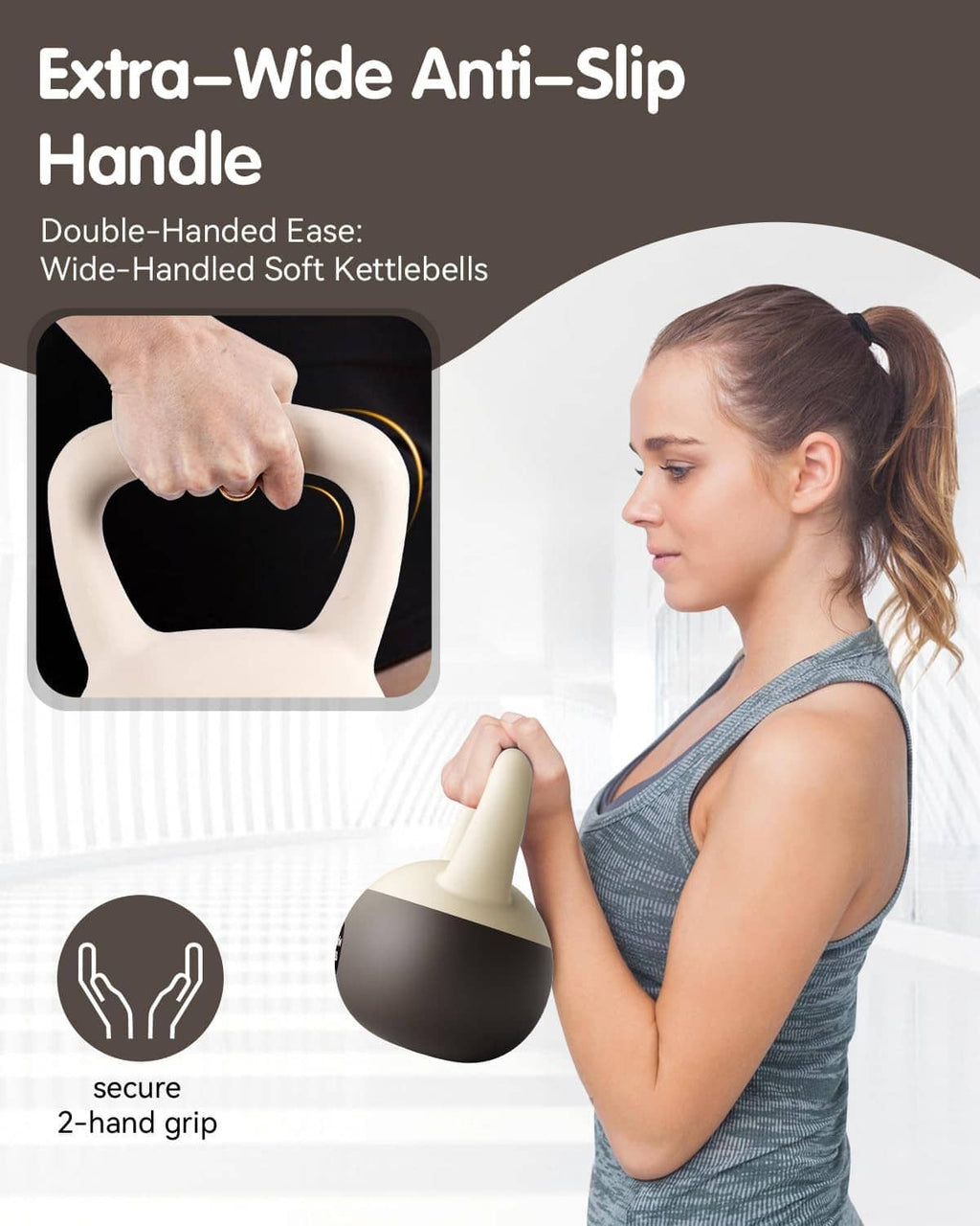 Soft kettlebell with wide anti-slip double-handle grip; cream handle and dark body