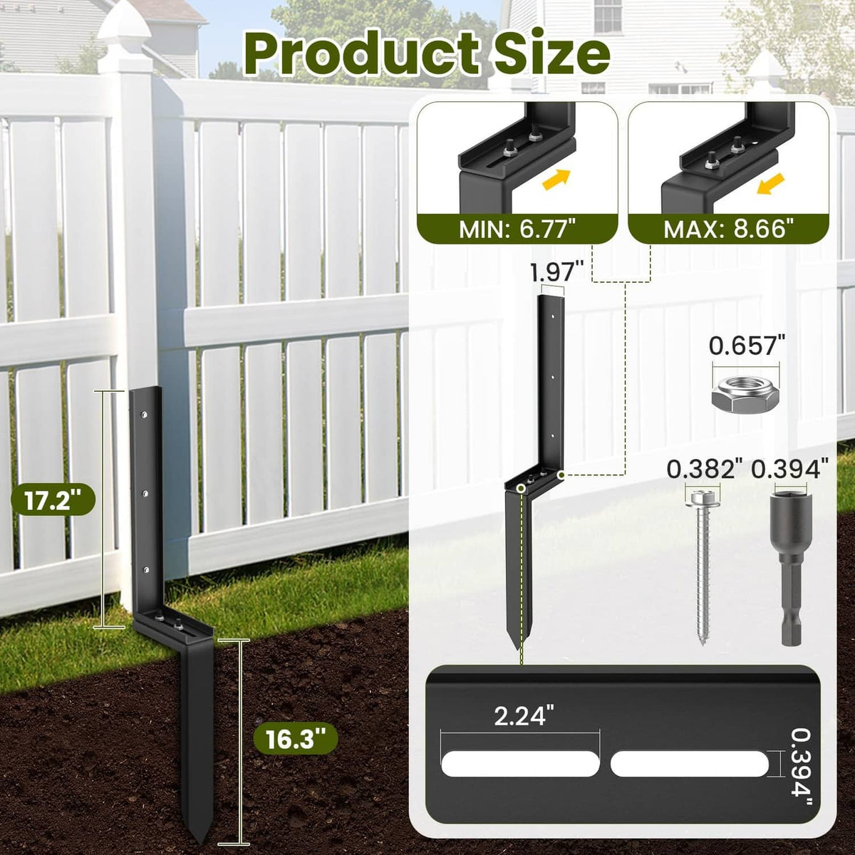 Black steel fence post repair stake with base and sharp pointed soil anchor