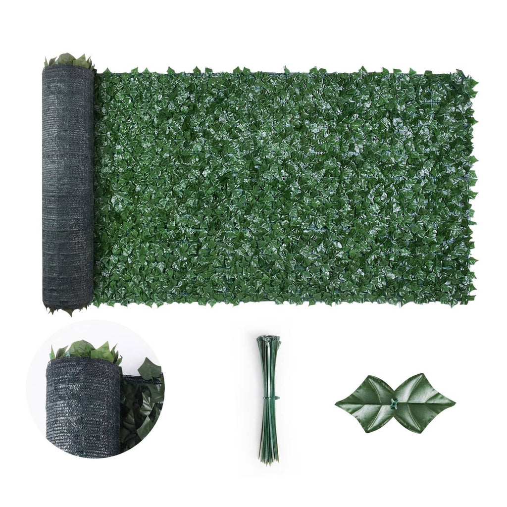 Artificial faux ivy leaf fence screen with green mesh backing, with roll and ties