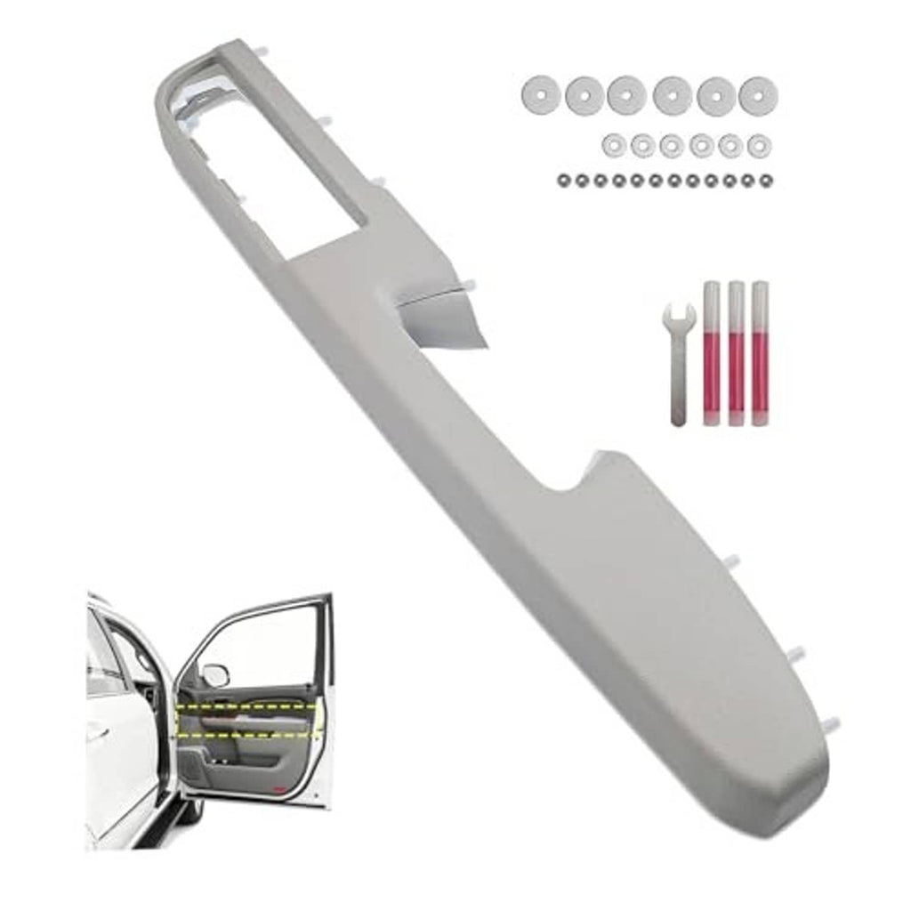 Gray front door armrest repair panel kit with screws, washers, and red/gray rods
