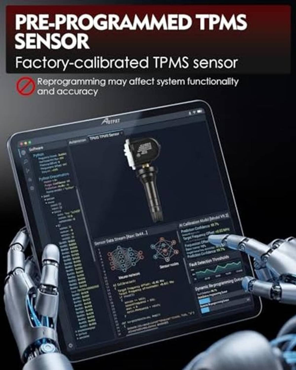 Pre-programmed TPMS sensor with programming screen and sensor module.