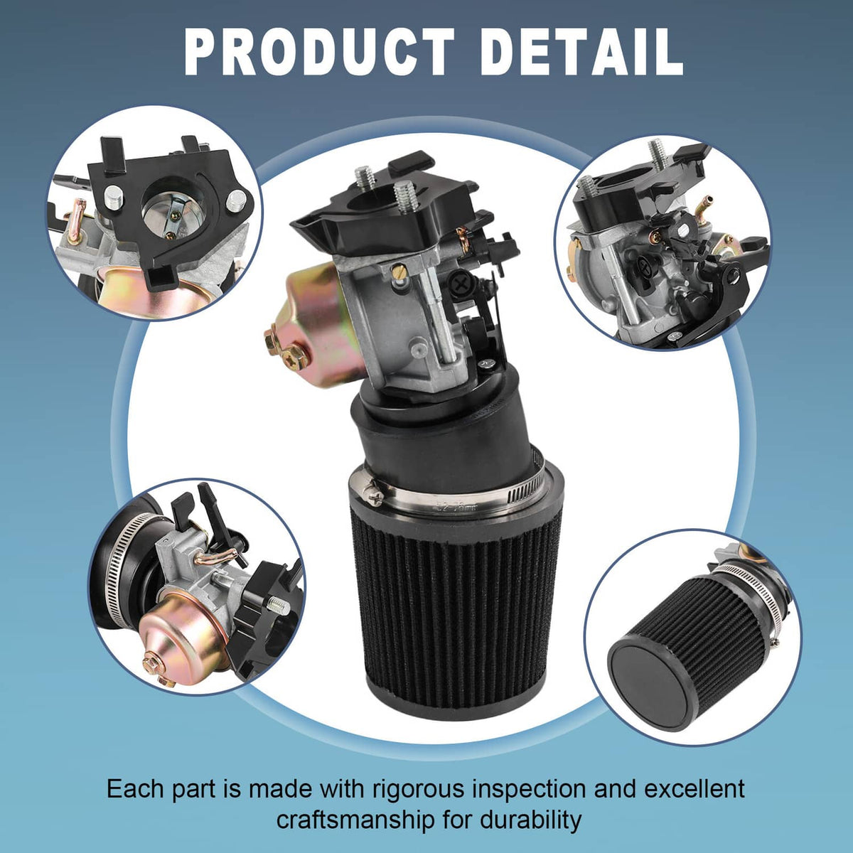 Air filter adapter jet kit detail showing carburetor assembly with black cone air filter