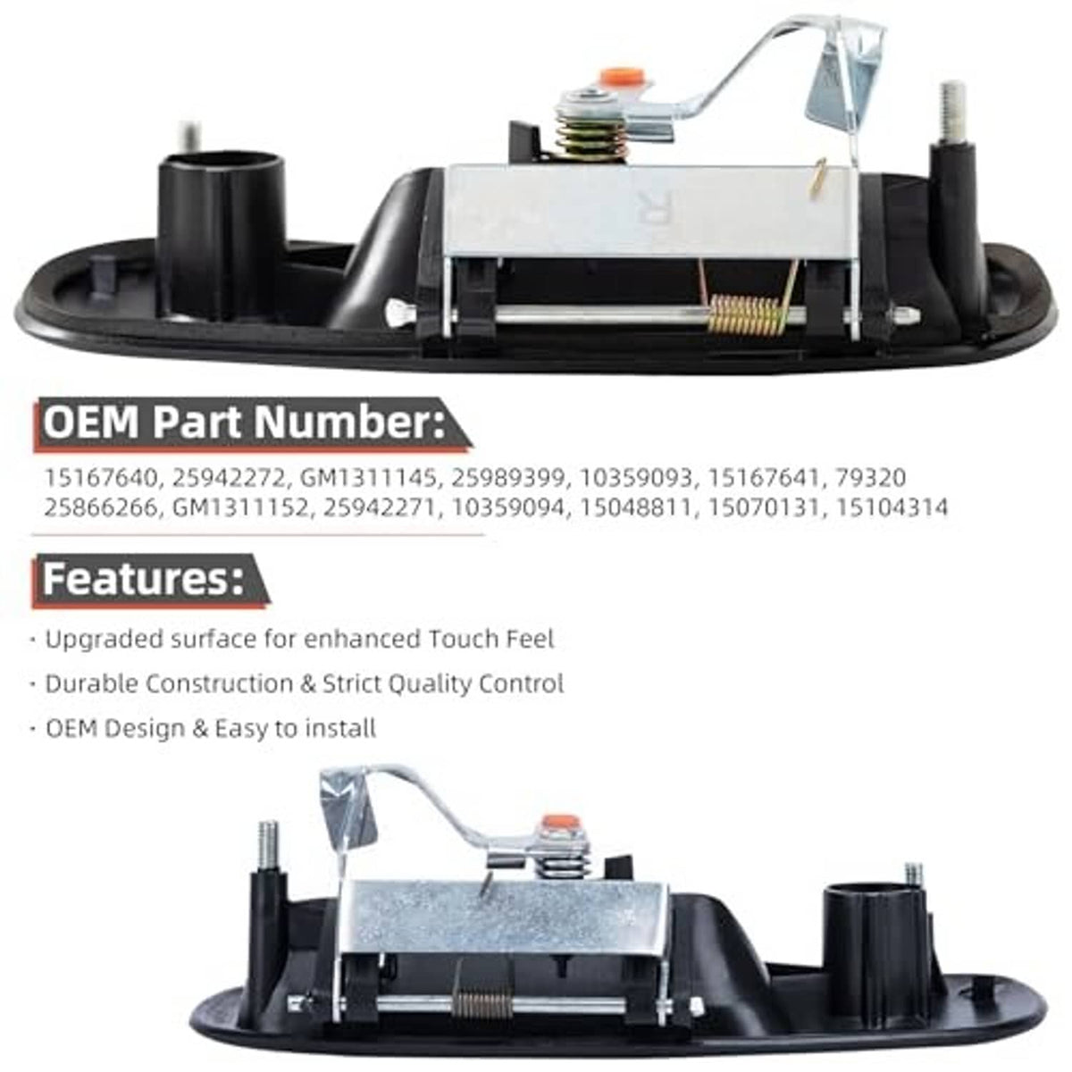 Door handle latch assembly with metal torsion spring and mounting base, black housing
