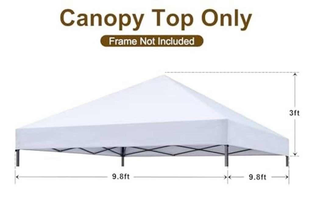 White canopy top cover, 9.8 ft x 9.8 ft diagram; frame not included