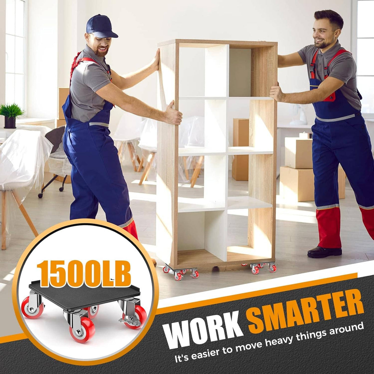 Movers using a heavy duty furniture dolly with red caster wheels under a cabinet