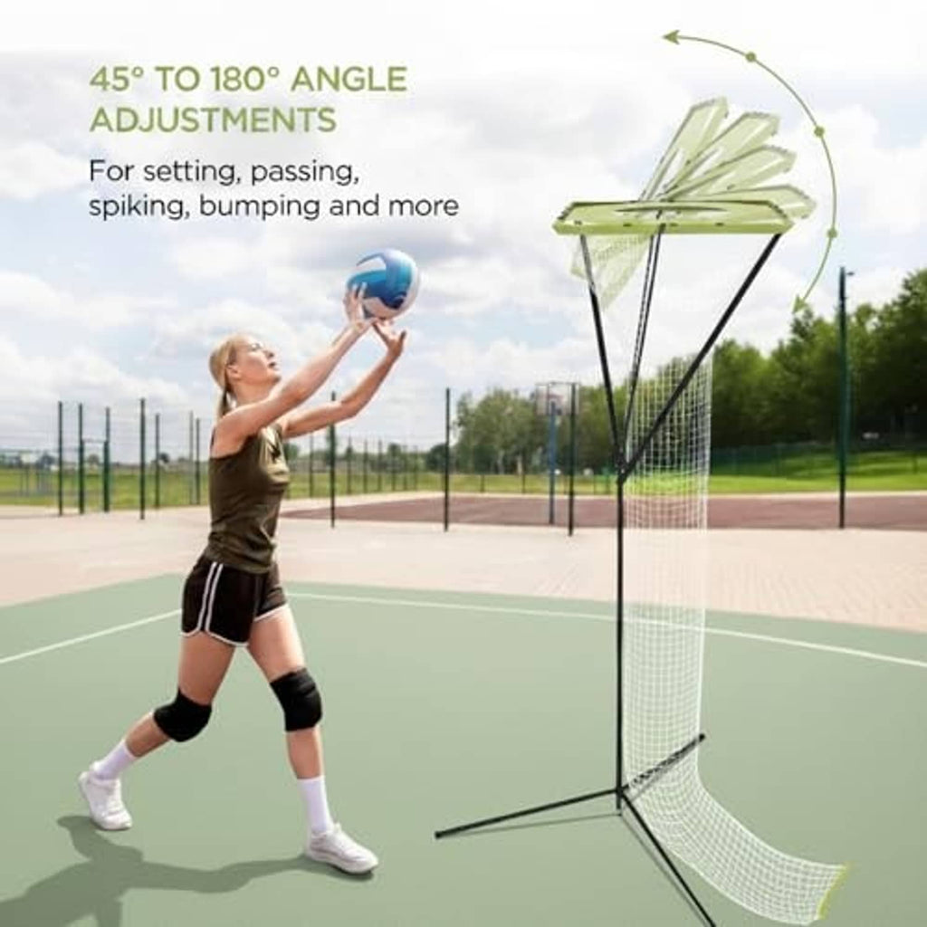 Adjustable volleyball training net with lime target panel and tall black tripod frame