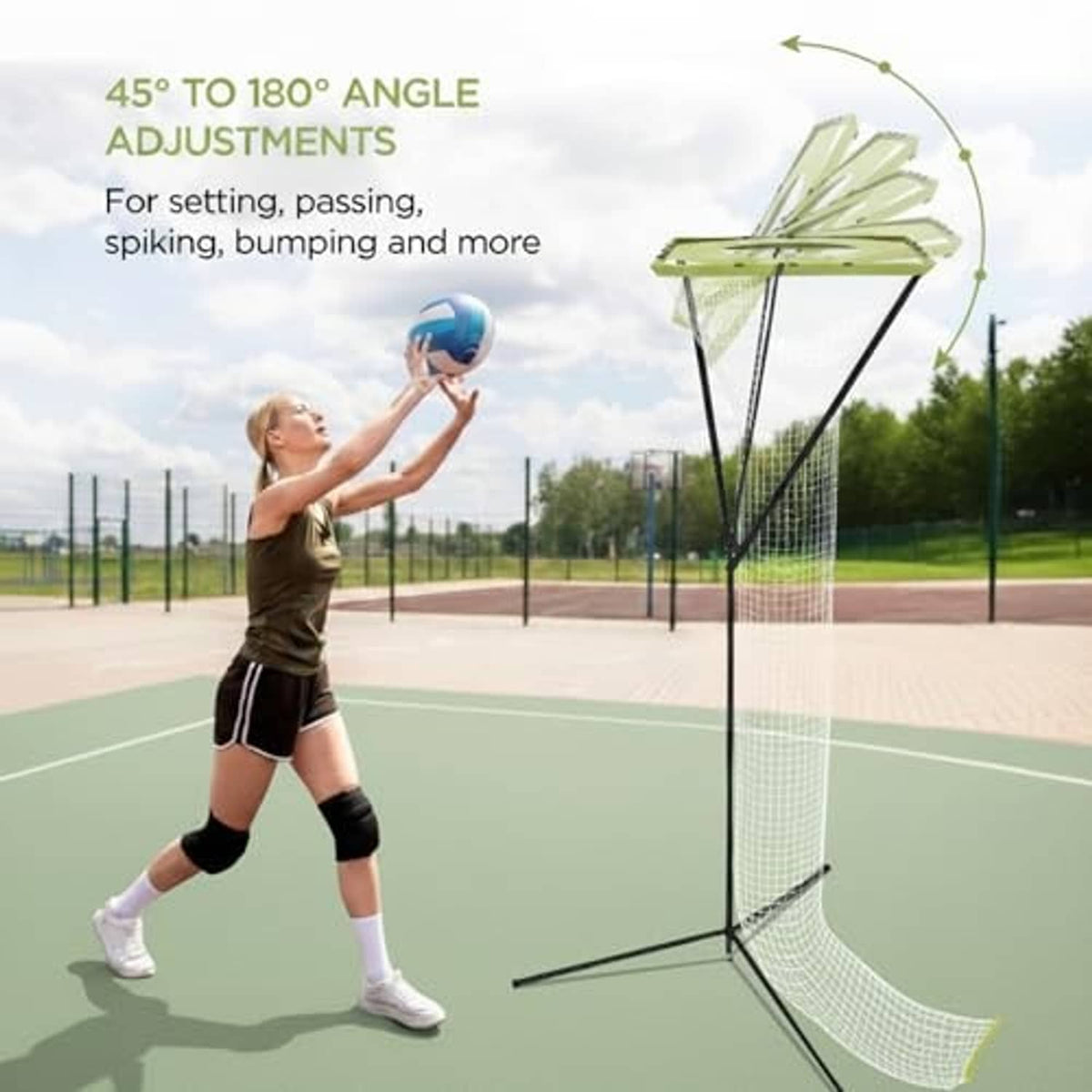 Adjustable volleyball training net with lime target panel and tall black tripod frame