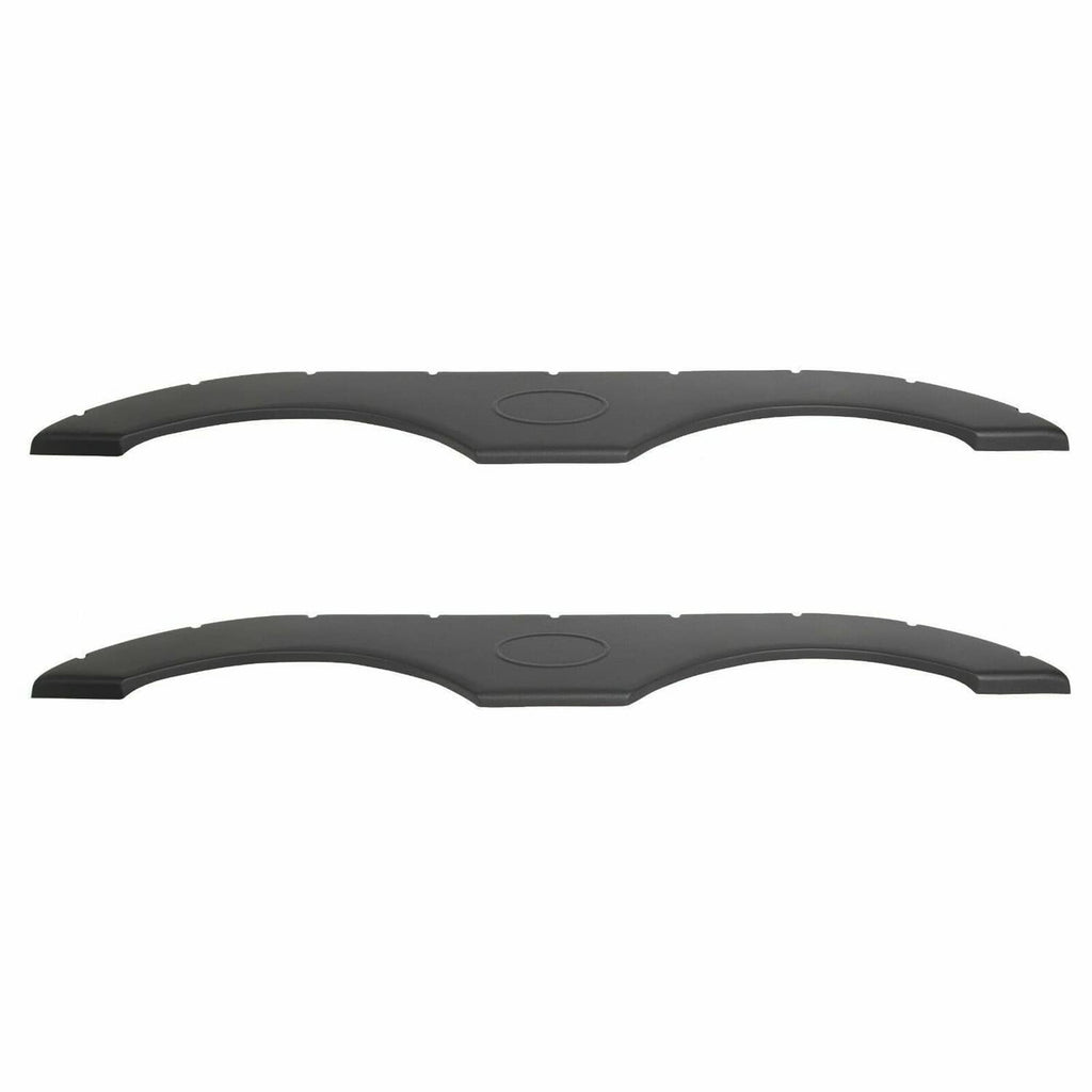 Black tandem trailer fender skirt pair, two curved panels with oval emblem and mounting holes