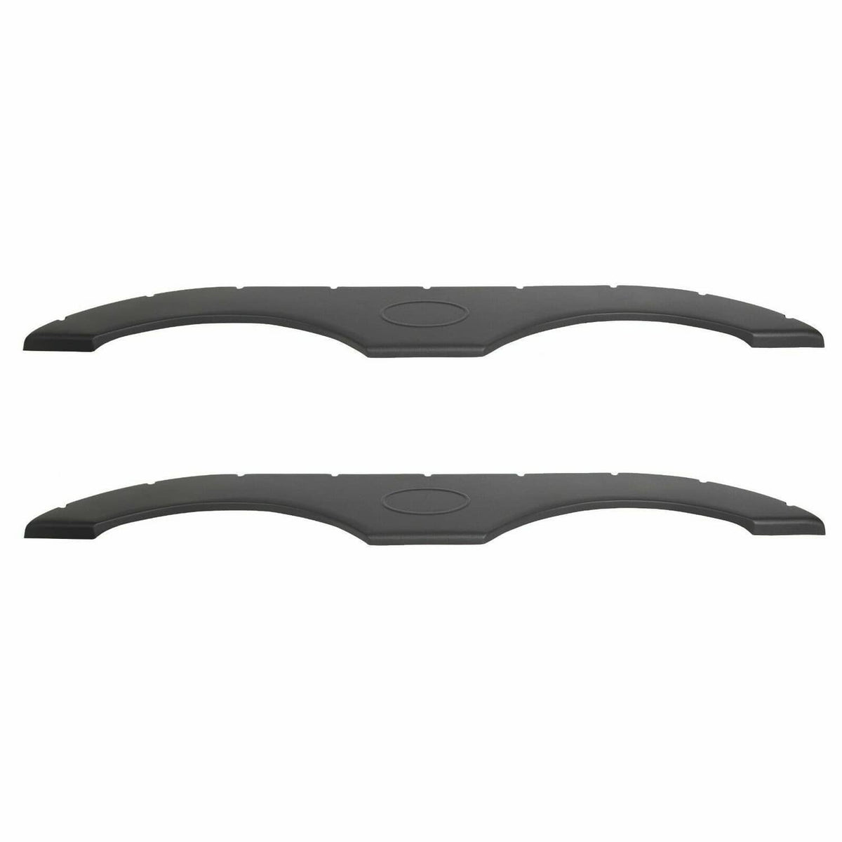 Black tandem trailer fender skirt pair, two curved panels with oval emblem and mounting holes